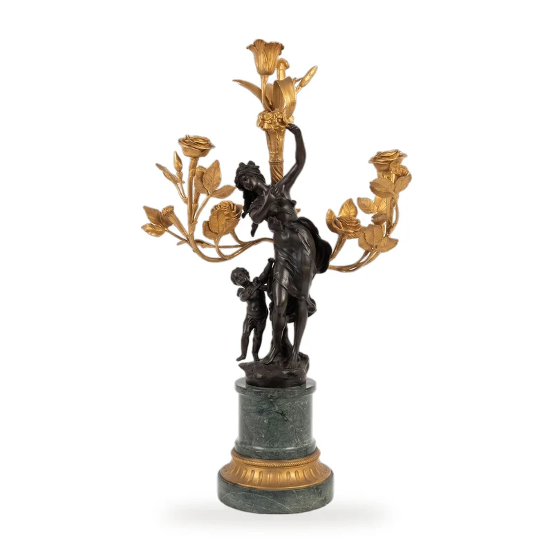Casa Padrino Barock Bronze Kandelaber mit Putten und vergoldeten Blütenarmen auf grünem Marmorsockel