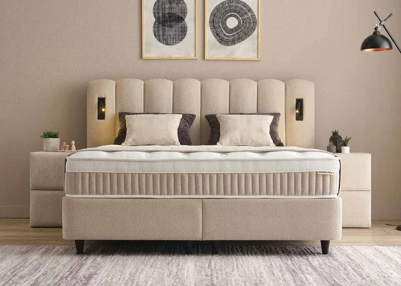 Casa Padrino Luxus Boxspringbett mit gewelltem Kopfteil und Leseleuchten Beige 160 x 200 cm - Luxus Schlafzimmer Möbel