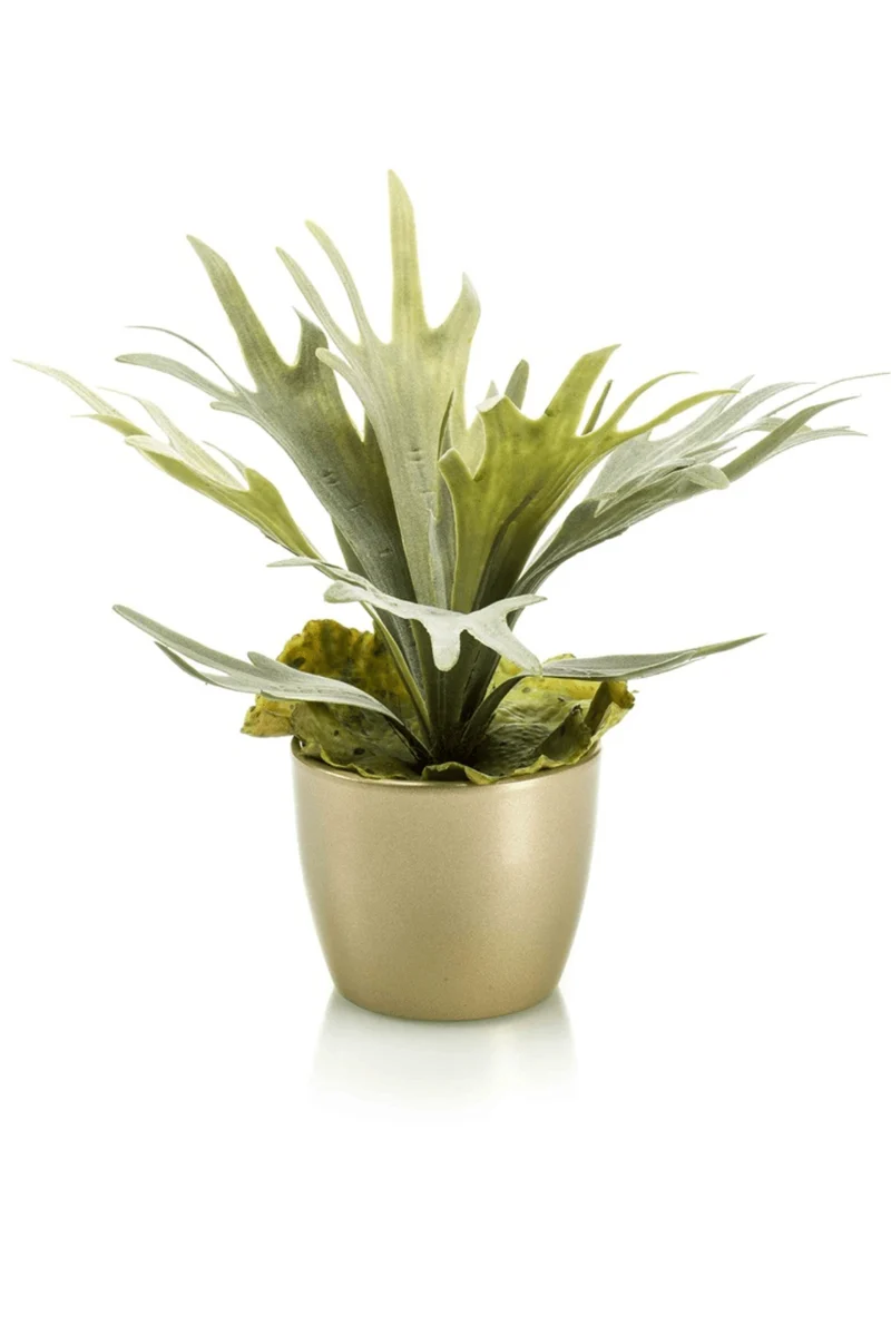 Geweihfarn Kunstpflanze im goldenen Topf 35cm