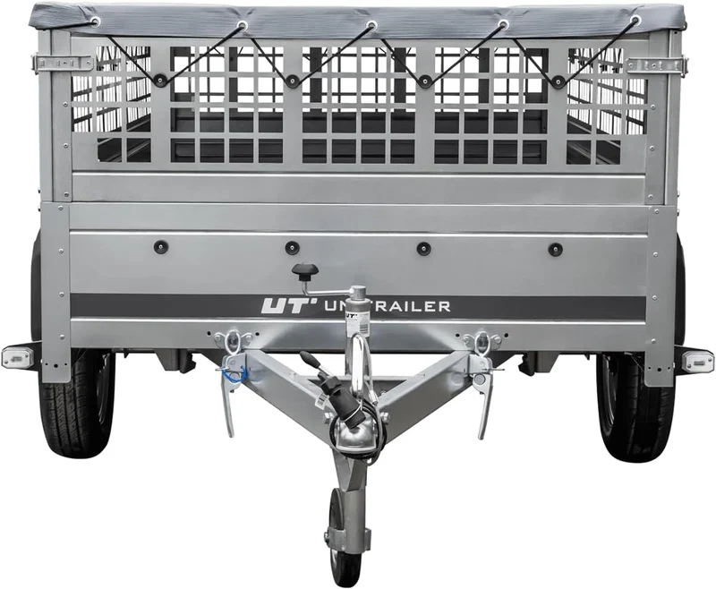 UNITRAILER Large Trailer 230 x 125 cm with Flat Tarpaulin, Mesh and Jockey Wheel - Garden Trailer 230 Kipp