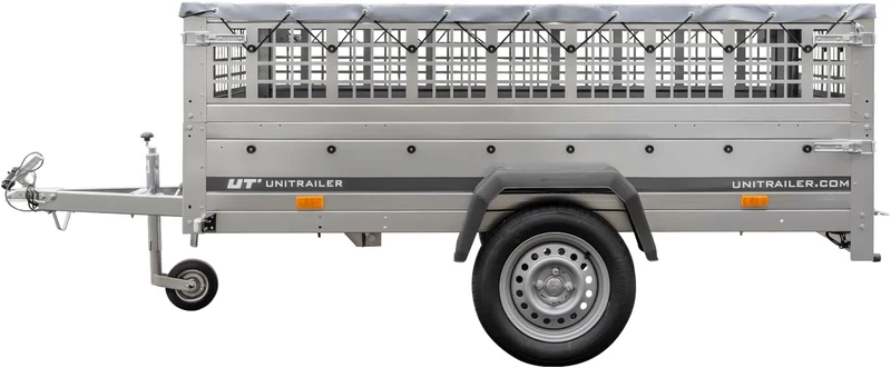 UNITRAILER Large Trailer 230 x 125 cm with Flat Tarpaulin, Mesh and Jockey Wheel - Garden Trailer 230 Kipp