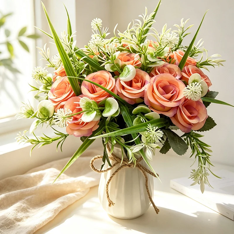 Künstlicher Rosenstrauß mit 18 Blüten, 40 cm, modern-ländlich, für Hochzeit, Dekoration, Büro, Hotel