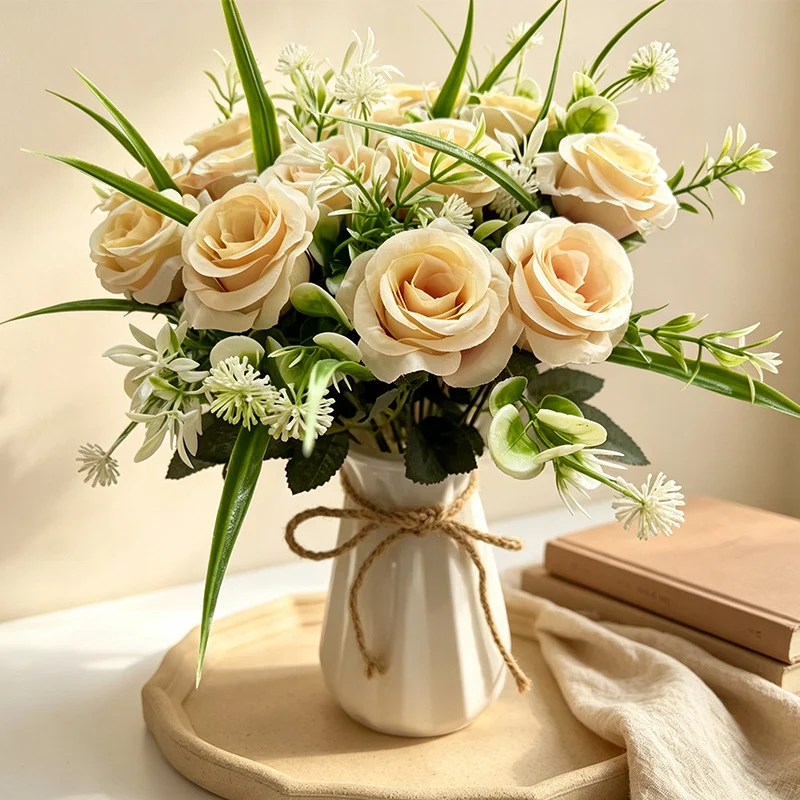 Künstlicher Rosenstrauß mit 18 Blüten, 40 cm, modern-ländlich, für Hochzeit, Dekoration, Büro, Hotel
