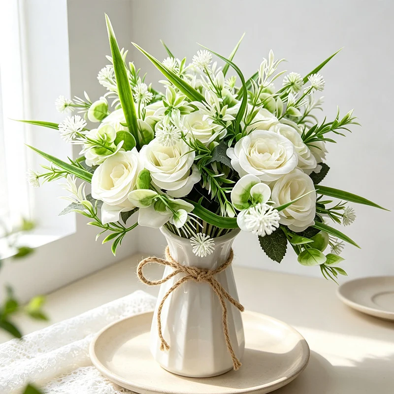 Künstlicher Rosenstrauß mit 18 Blüten, 40 cm, modern-ländlich, für Hochzeit, Dekoration, Büro, Hotel