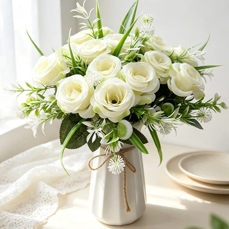Künstlicher Rosenstrauß mit 18 Blüten, 40 cm, modern-ländlich, für Hochzeit, Dekoration, Büro, Hotel