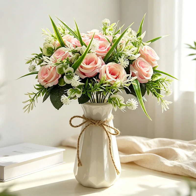 Künstlicher Rosenstrauß mit 18 Blüten, 40 cm, modern-ländlich, für Hochzeit, Dekoration, Büro, Hotel