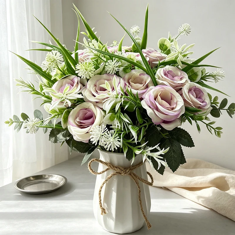 Künstlicher Rosenstrauß mit 18 Blüten, 40 cm, modern-ländlich, für Hochzeit, Dekoration, Büro, Hotel