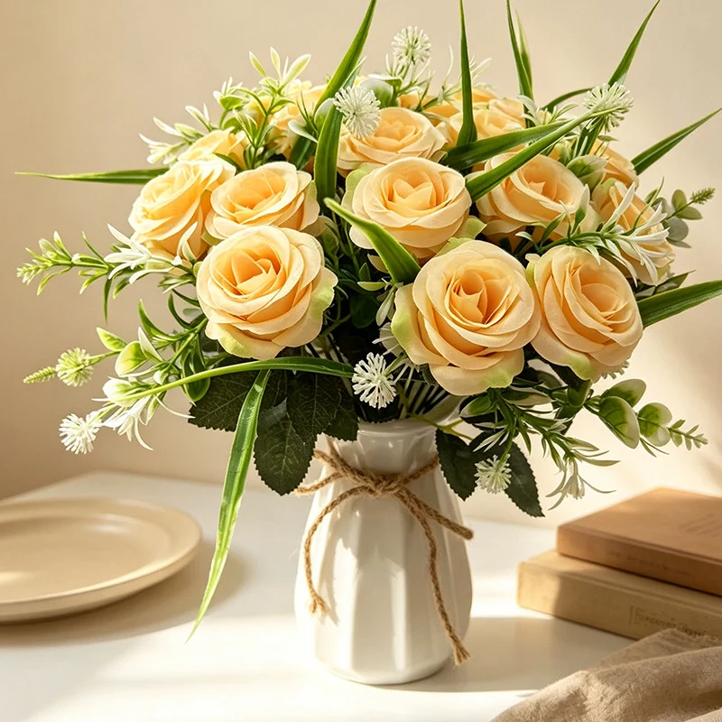 Künstlicher Rosenstrauß mit 18 Blüten, 40 cm, modern-ländlich, für Hochzeit, Dekoration, Büro, Hotel