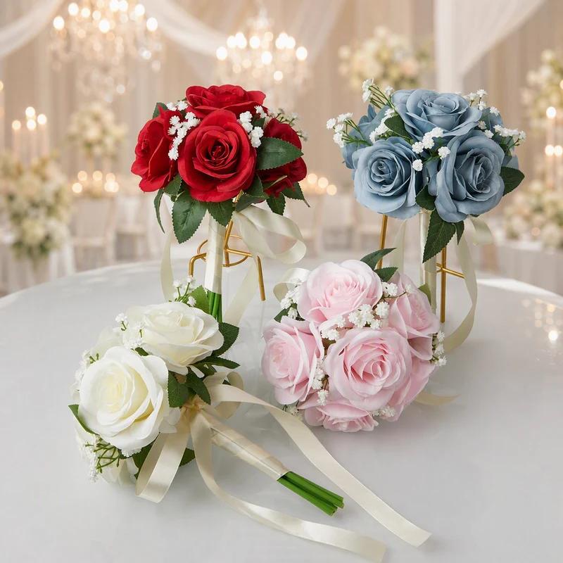 Hochzeitsstrauß aus künstlichen Rosen und Baby’s Breath, 27,5 cm, aus Seidenstoff