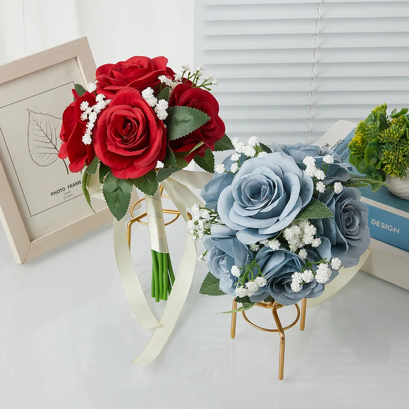 Hochzeitsstrauß aus künstlichen Rosen und Baby’s Breath, 27,5 cm, aus Seidenstoff