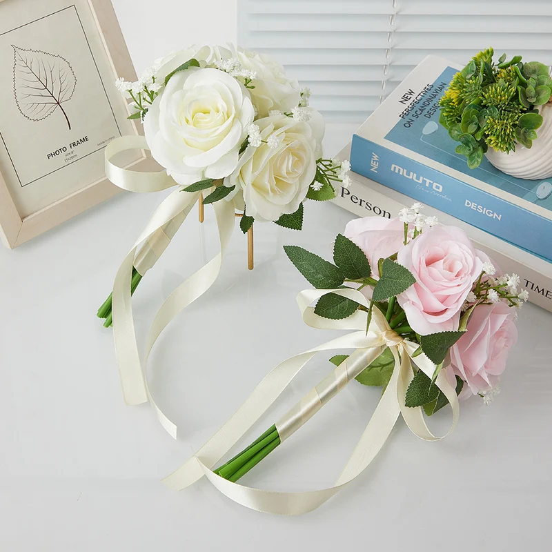 Hochzeitsstrauß aus künstlichen Rosen und Baby’s Breath, 27,5 cm, aus Seidenstoff