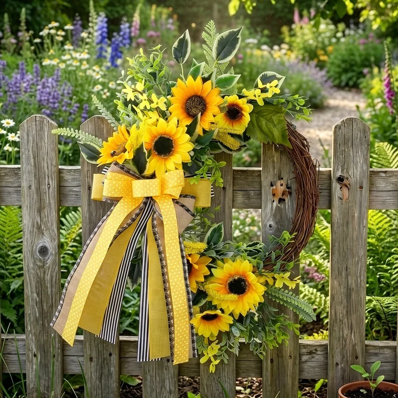 Künstlicher Sonnenblumen-Halbkranz mit Bienen, 45 cm, Herbst-Dekoration, Türschmuck aus Kunststoff