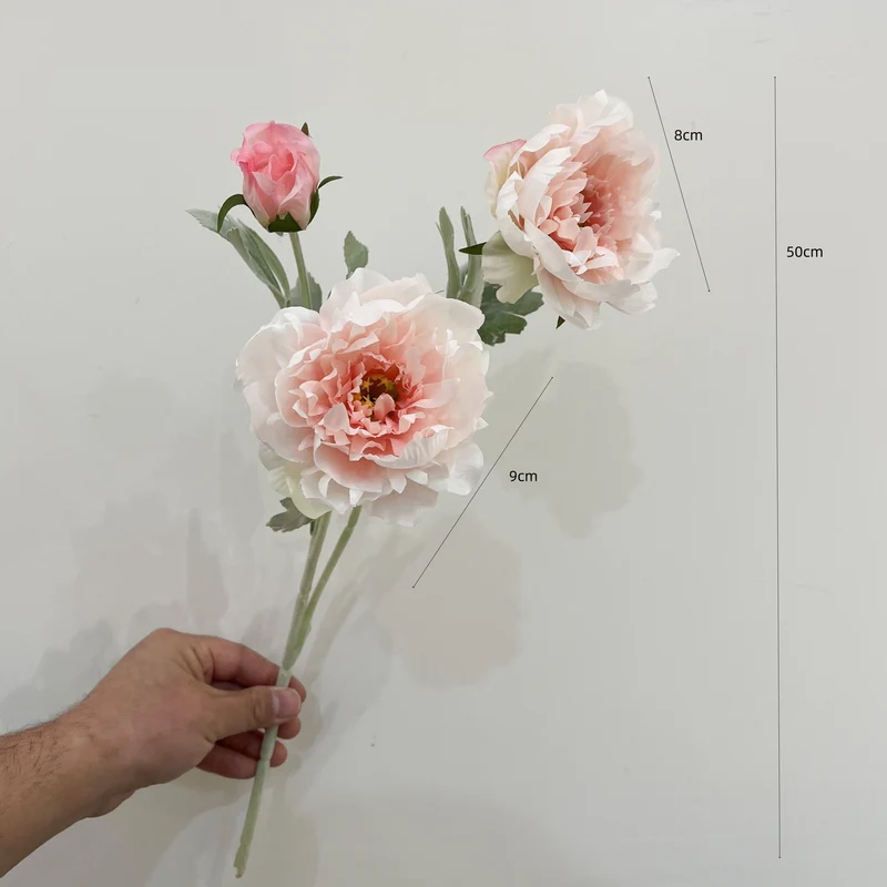 Künstliche Pfingstrose, 1 Stiel mit 3 Blüten, 50 cm hoch, Seidenstoff, für Innenraum-Deko, Hochzeit, Event, Ladenlokal