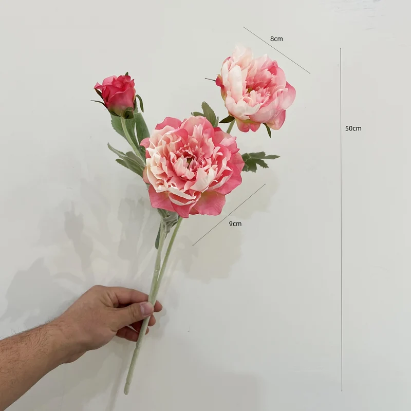 Künstliche Pfingstrose, 1 Stiel mit 3 Blüten, 50 cm hoch, Seidenstoff, für Innenraum-Deko, Hochzeit, Event, Ladenlokal