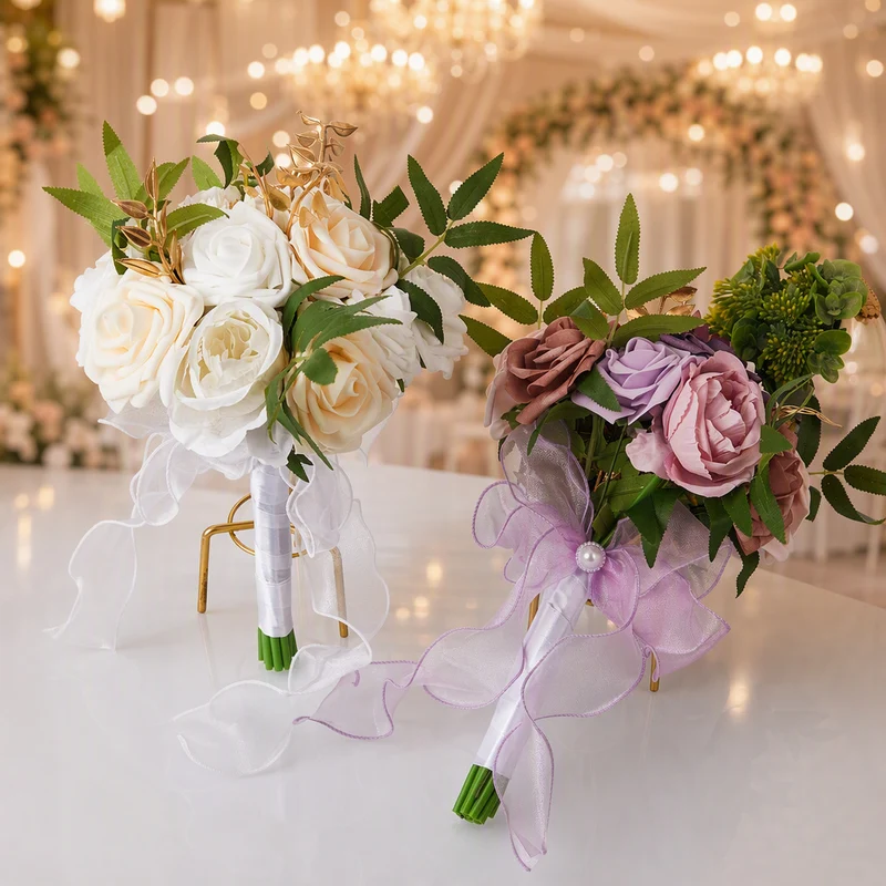 Künstlicher Rosenstrauß, 7 Blüten, 29 cm, Hochzeit Bouquet, PE-Material, Innen- und Außenbereich