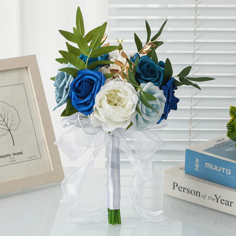Künstlicher Rosenstrauß, 7 Blüten, 29 cm, Hochzeit Bouquet, PE-Material, Innen- und Außenbereich