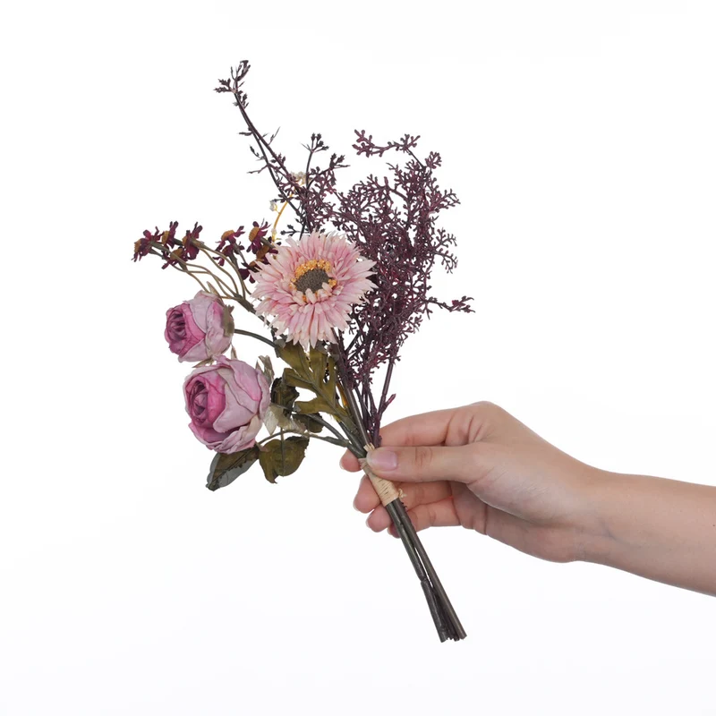 32 cm künstliches Blumenbouquet aus Rosen, Gänseblümchen und Hortensien, Vintage-Stil, für Zuhause, ohne Vase