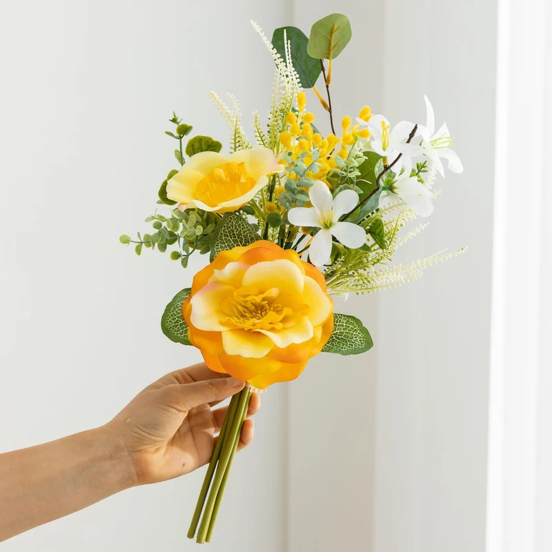 45 cm künstlicher Kamelien-Blumenstrauß aus Seide – 6 Blüten, UV-beständig, für Hochzeit, Dekoration, Innenraum, Bürotisch, Café, Hotel