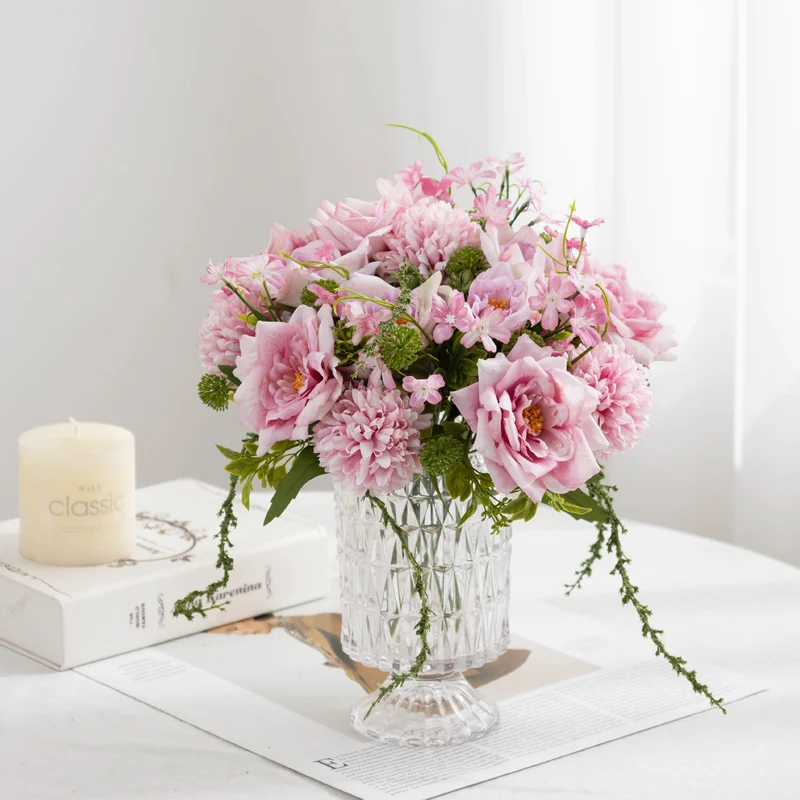 28 cm künstliche Rosenstrauß mit Chrysanthemen und Millet, Kunststoff, 5 Blüten, für Hochzeiten und Innendekoration