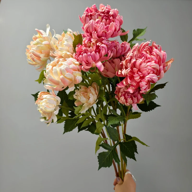 Künstliche Dahlie Goldsieber, Einzelstiel mit 3 Blüten, 68 cm, Seidenstoff, für Hochzeit, Dekoration, Shopauslage