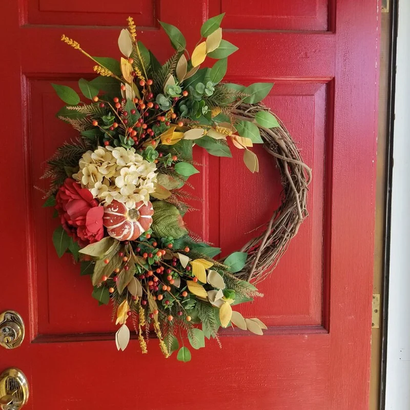 Herbstlicher Hydrangea-Kürbis-Floralkranz, 40 cm, Wandleuchter-Deko für Hochzeit & Shop