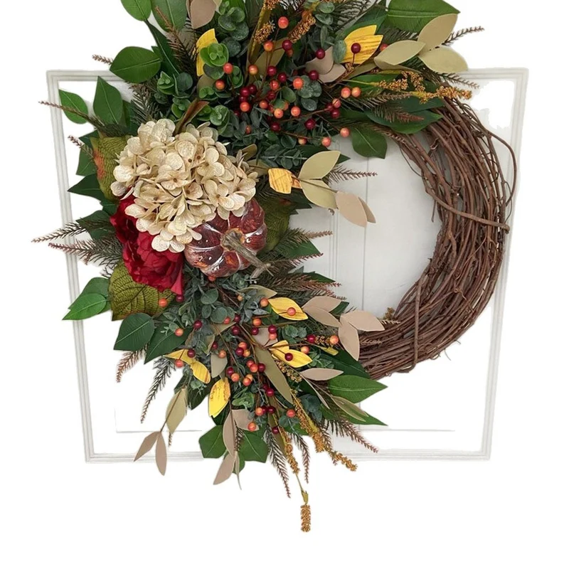 Herbstlicher Hydrangea-Kürbis-Floralkranz, 40 cm, Wandleuchter-Deko für Hochzeit & Shop
