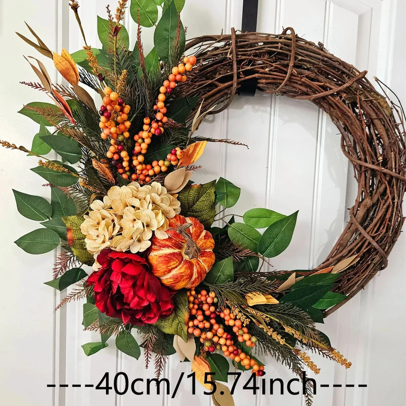 Herbstlicher Hydrangea-Kürbis-Floralkranz, 40 cm, Wandleuchter-Deko für Hochzeit & Shop