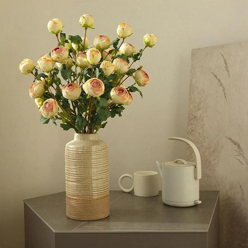 Künstliche Blumensträußer, 3-köpfige geröstete Rand-Tee-Rosen, 52 cm hoch, modern, aus Seidenstoff, für Innenraum-Deko, Hochzeiten, Events