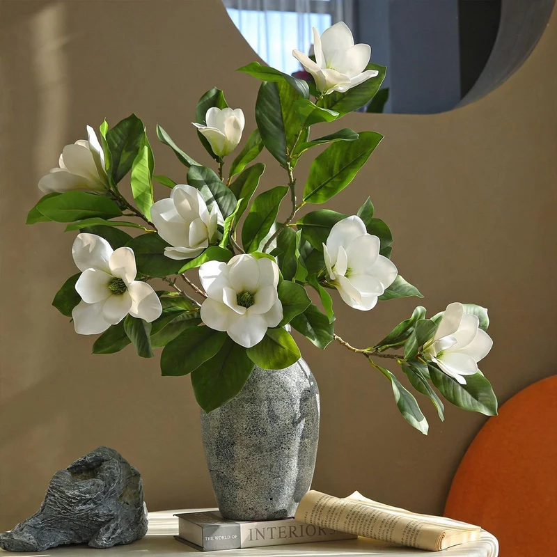 Künstliche Magnolie, 100 cm, Latex, 4 Blüten, biegsamer Stiel – Hochwertige Dekoration für Zuhause, Hotel, Event, Hochzeit, ganzjährig