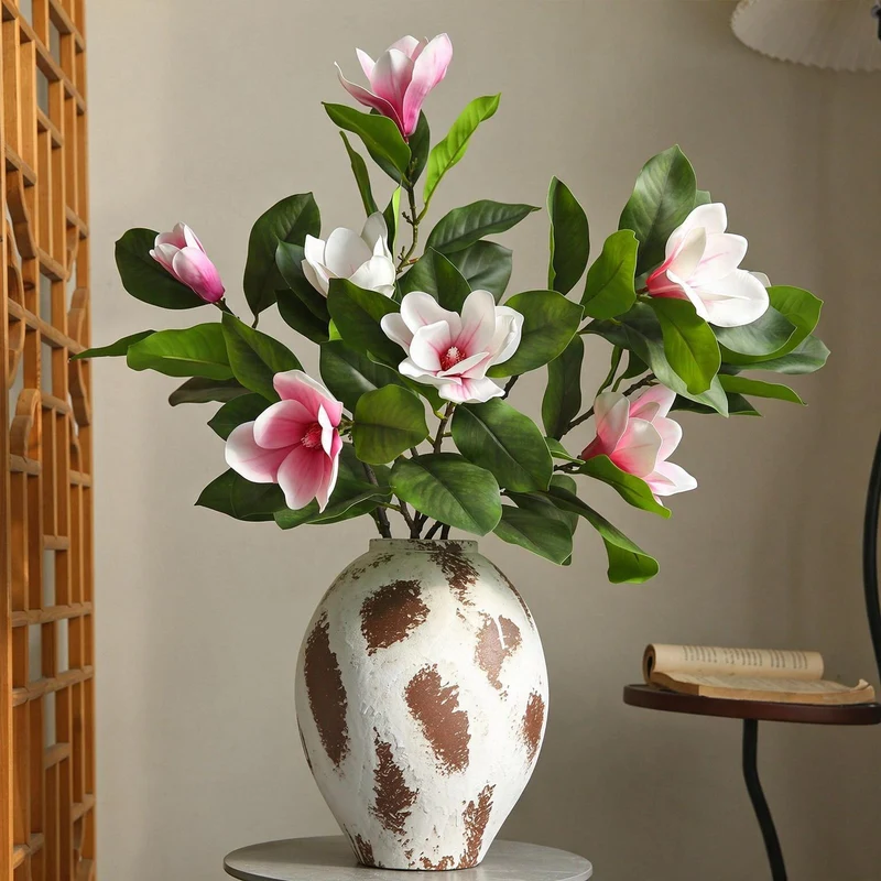 Künstliche Magnolie, 100 cm, Latex, 4 Blüten, biegsamer Stiel – Hochwertige Dekoration für Zuhause, Hotel, Event, Hochzeit, ganzjährig