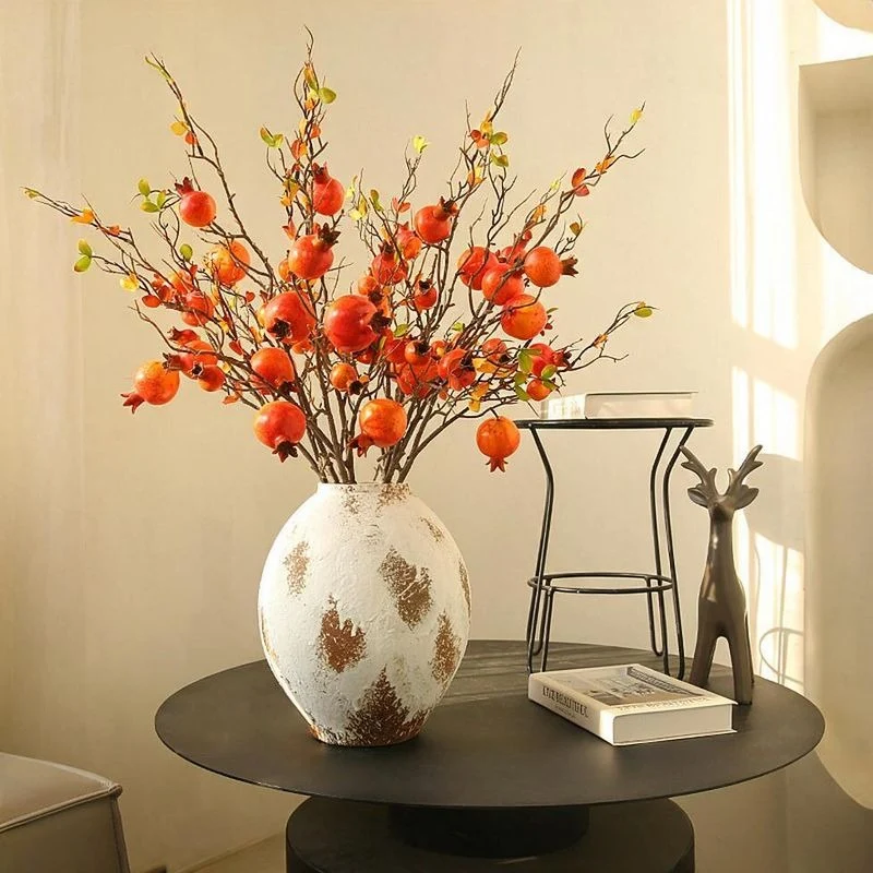 Künstlicher Granatapfelzweig, 81 cm, 6 Blüten, Seidenblumen-Deko für Innenraum, Fensterdisplay, Eventgestaltung
