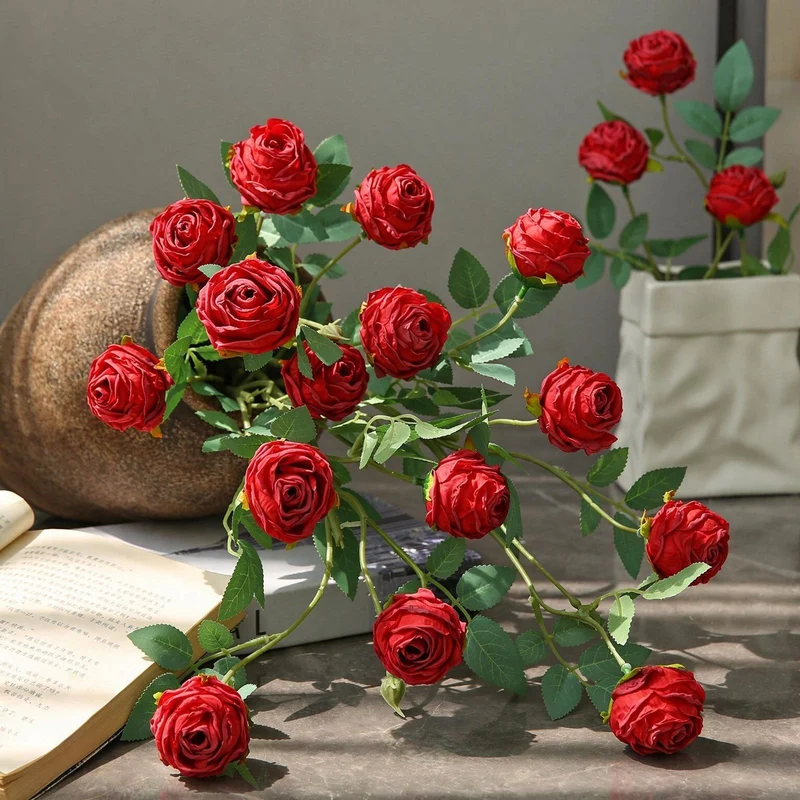 Künstliche Rose mit 3 Blüten, Einzelstiel, 57 cm, Seidenstoff, für Wohnzimmer und Tischdekoration