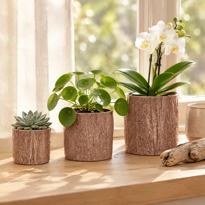 Übertopf für Orchideen – Keramik in Holzoptik mit Rindenrelief