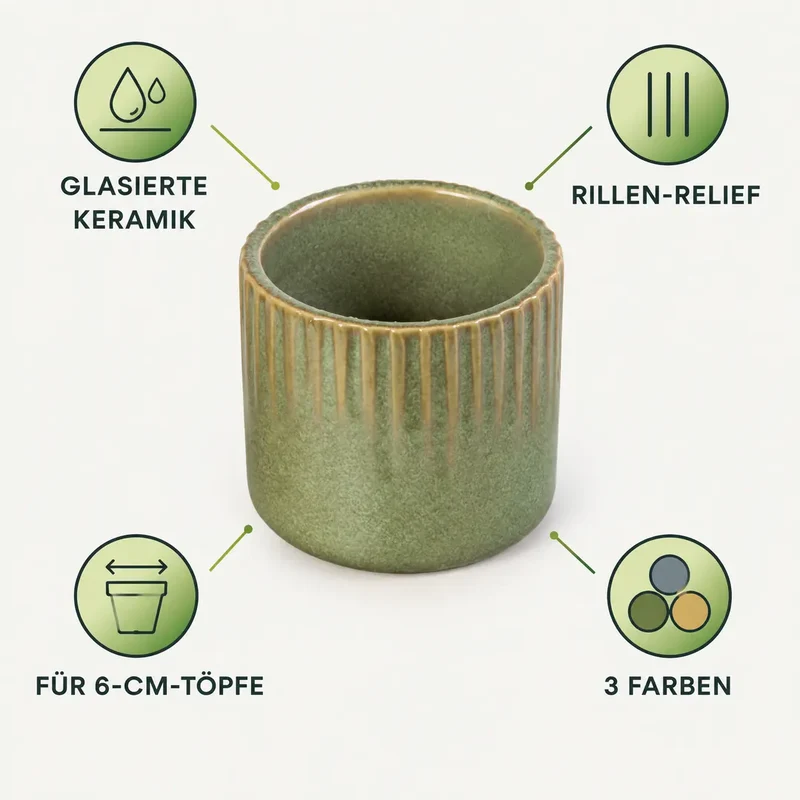 Kleiner Blumentopf aus Keramik – Mini-Übertopf mit Rillen, 3 Farben