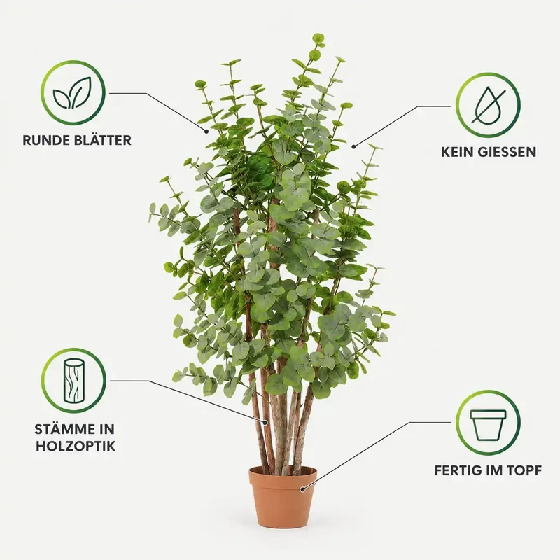 Kunstpflanze groß – künstlicher Eukalyptus, 120 cm im Topf