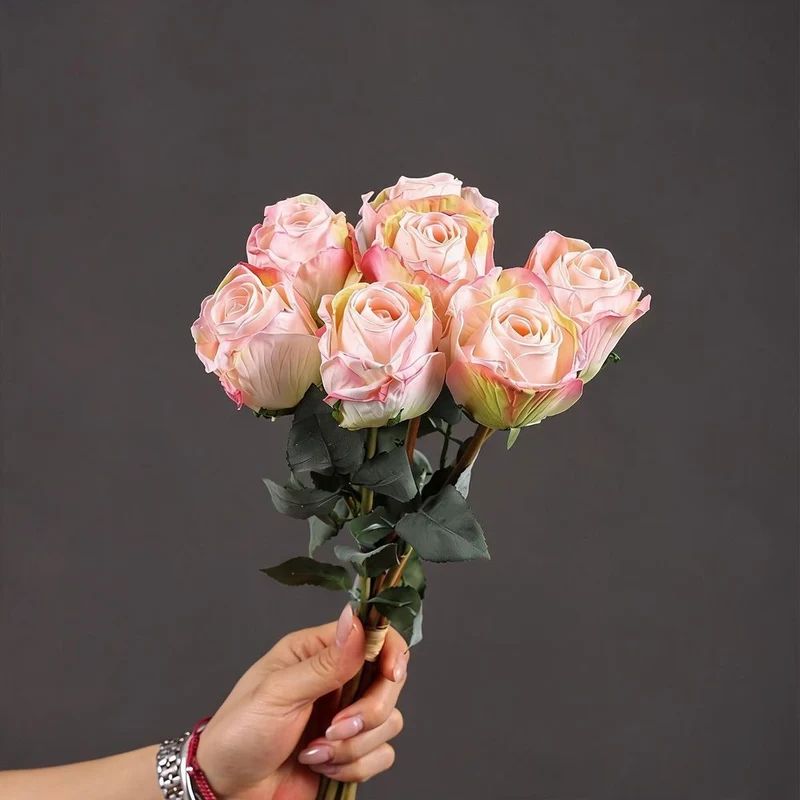 Künstliche Rosenstrauß, 7 Stiele, 38 cm Höhe, Seidenmaterial, für Hochzeiten, Innendekoration, Festdekoration