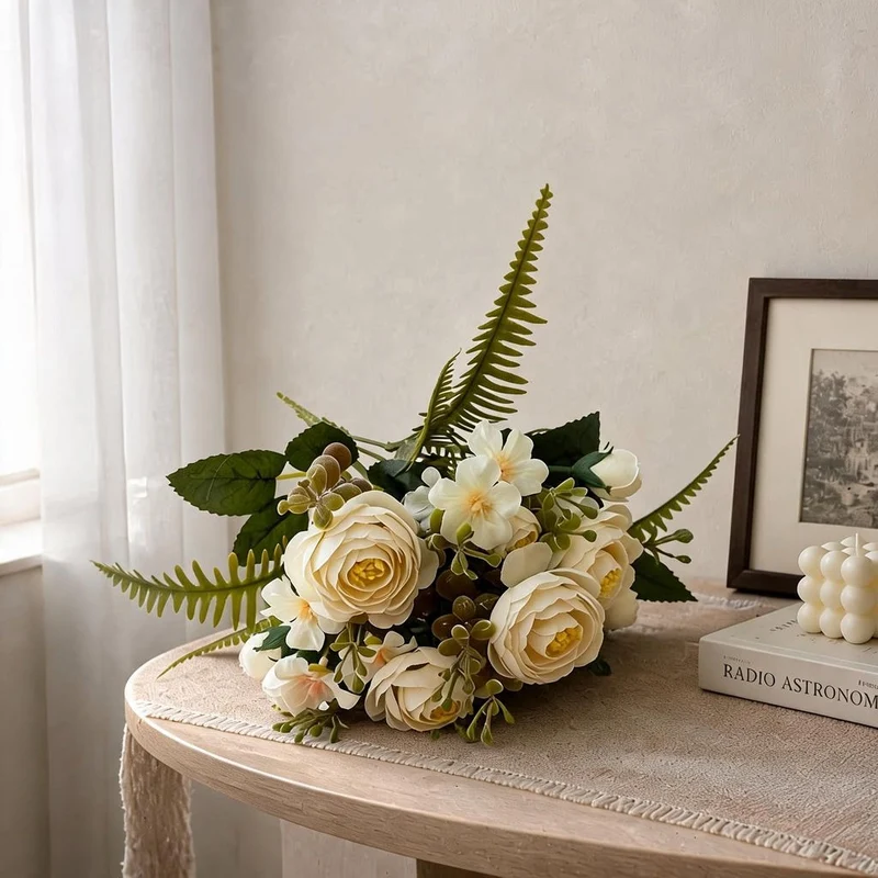 Künstliche Camellia-Blütenstrauß, 31 cm, Seidenstoff, 16 Blüten, Hochzeit Dekoration, Innenraumgestaltung, Grabschmuck