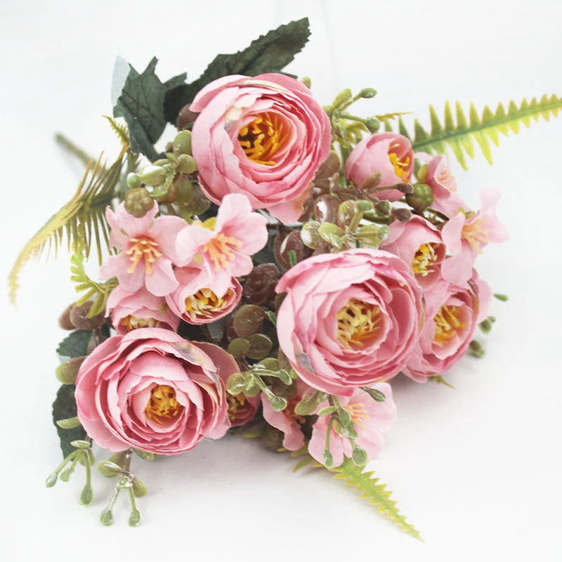 Künstliche Camellia-Blütenstrauß, 31 cm, Seidenstoff, 16 Blüten, Hochzeit Dekoration, Innenraumgestaltung, Grabschmuck