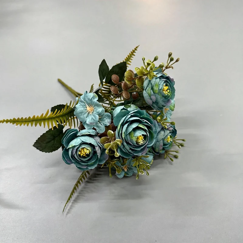 Künstliche Camellia-Blütenstrauß, 31 cm, Seidenstoff, 16 Blüten, Hochzeit Dekoration, Innenraumgestaltung, Grabschmuck