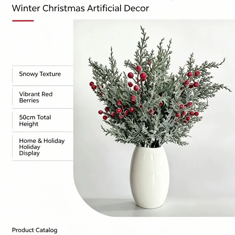 Künstliche Kiefernzweig mit roten Beeren, 50 cm, realistische Deko für Hochzeit, Weihnachten, Grabgestaltung, Innenraum