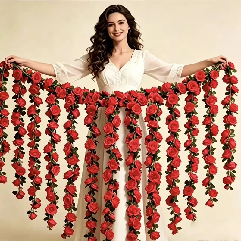 120 cm Kunststoff-Rosengirlande mit 45 Rosenblüten, moderne Hochzeitsdekoration, Innendeko für Haus und Gewerbe