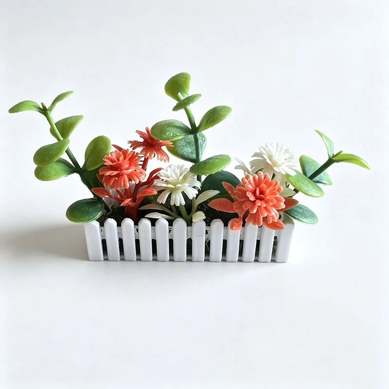 Miniatur-Gartenzaun mit künstlichen Blumen, 6 cm, Plastik, weiß, für Modellbau und Dioramen