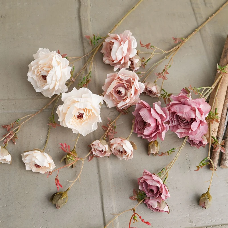 90 cm künstliche Ranunkel-Zweig mit 8 Blüten, Seidenblumen, Beige, Hochzeit Dekoration, Innenraum, Event, Grabschmuck