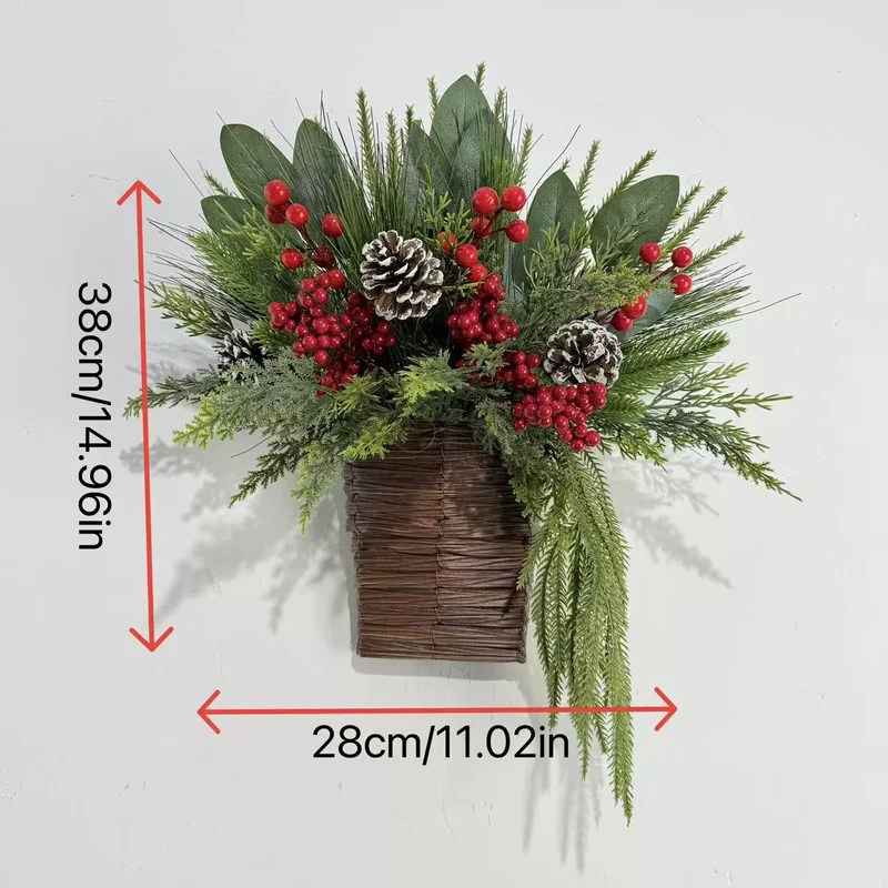 Weihnachtskranz Deko 38 cm mit Kiefernzapfen, roten Beeren und Tannengrün - realistischer Adventsschmuck für Tür, Wand, Tisch, Hotel, Café
