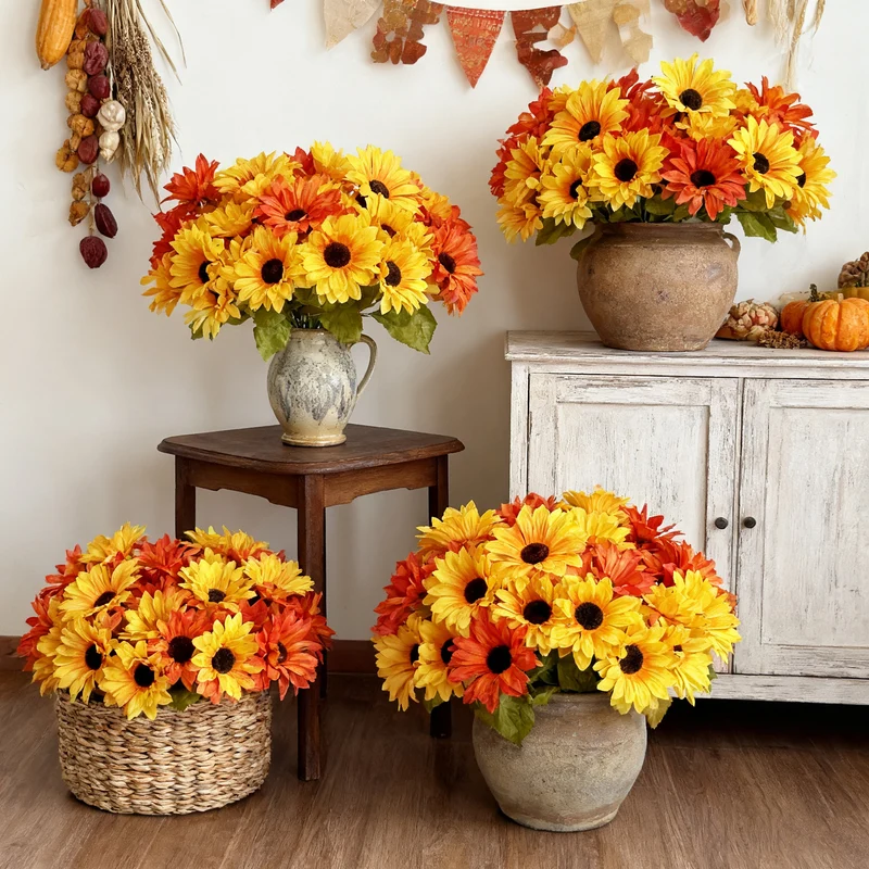 Künstliche Sonnenblumen Büschel – 6 Blüten, 31 cm, Seidenstoff, UV-beständig, für Hochzeit, Dekoration, Ladenlokal, Innenraum