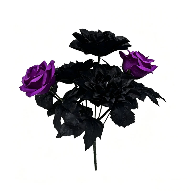 Künstliche Dahlie 'Schwarz-Violett', Seidenblumen-Busch mit 5 Blüten, 32 cm, für Hochzeit, Dekoration, Grabschmuck, Ladenausstattung