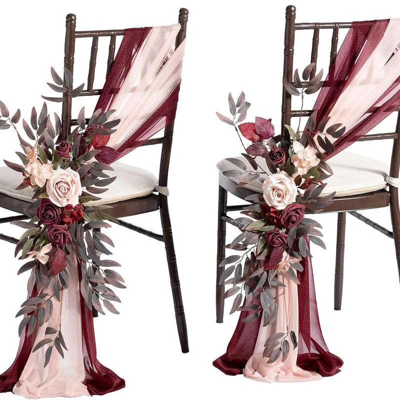 Künstliche Blumen-Girlande für Stuhlrücken, 60 cm, mit 2 Chiffon-Bändern, Hochzeitsdekoration, Outdoor-Deko