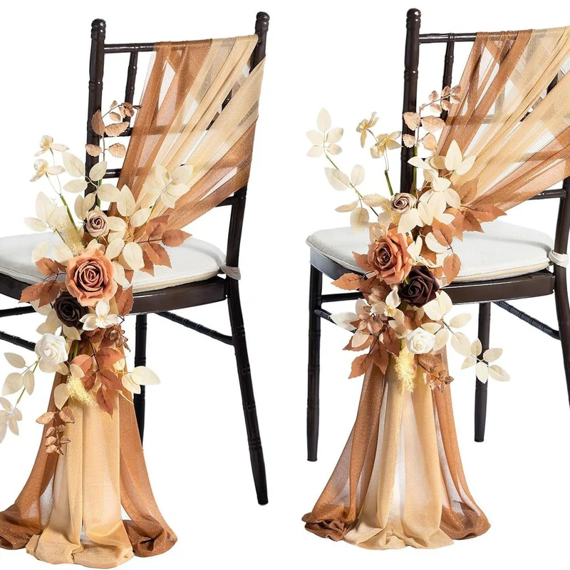Künstliche Blumen-Girlande für Stuhlrücken, 60 cm, mit 2 Chiffon-Bändern, Hochzeitsdekoration, Outdoor-Deko