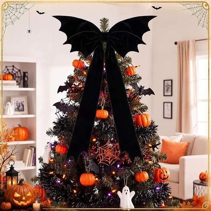 Große schwarze Samt-Fledermaus-Schleife 115x69 cm – Gothische Halloween-Deko für Baumspitze, Gruselparty, Innenraumgestaltung