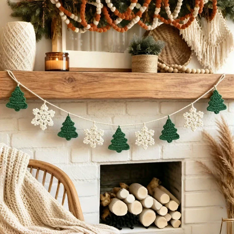Weihnachts-Deko-Banner handgeflochten, 200 cm Länge, Schneeflocken & Tannenbaum-Motiv, Partydekoration, Ladenausstattung, Festtagsdekoration